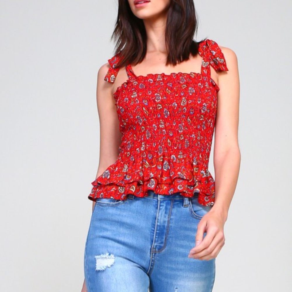 {host pick} ALICE floral red peplum smocked top - Picture 4 of 8